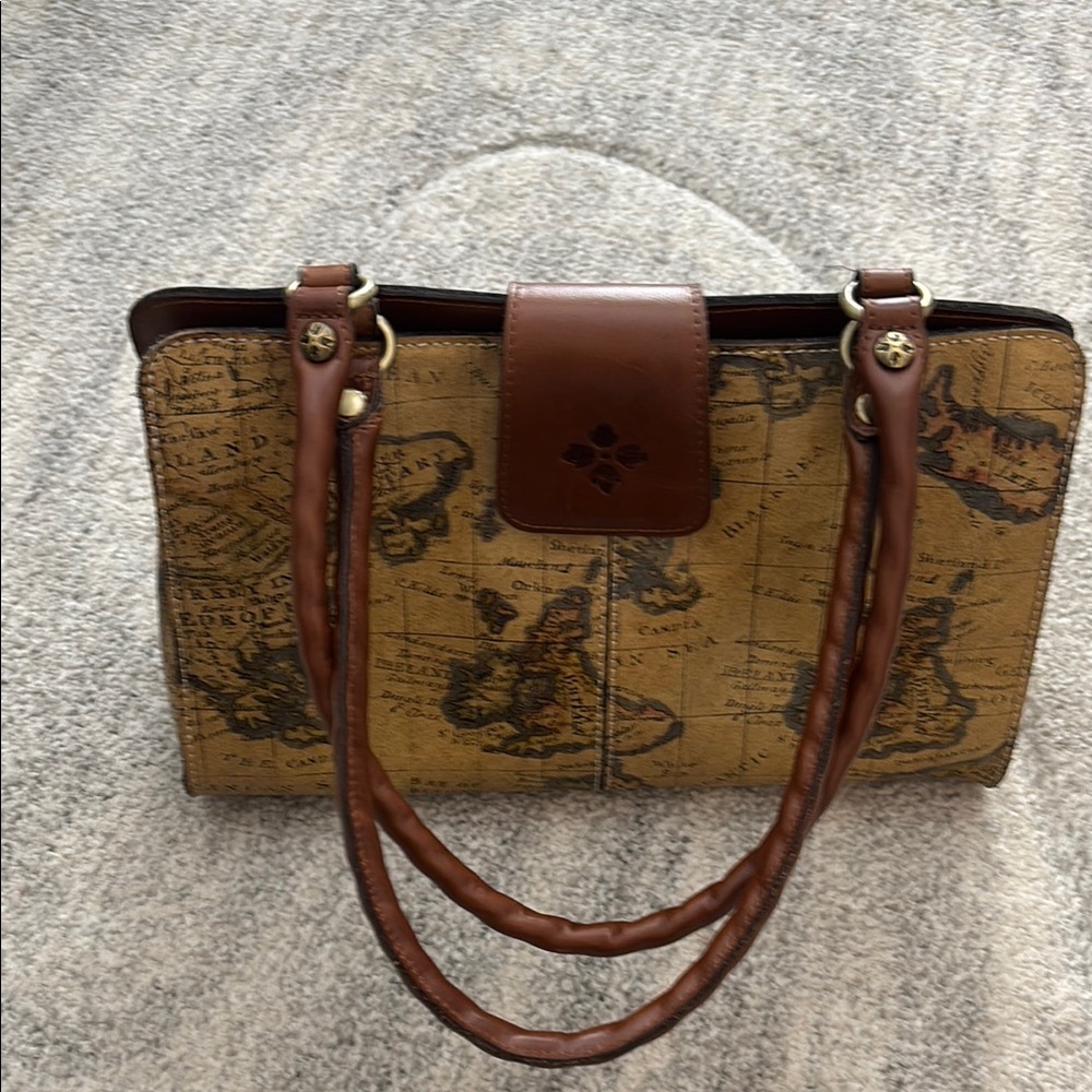 Patricia Nash Brown and Tan Shoulder Bag with Vintage Map Design